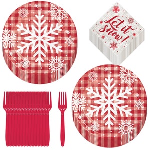 Christmas Holiday Party Supplies - Red & White Winter Snowflake Paper Dinner Plates, Lunch Napkins, and Forks (Serves 16)