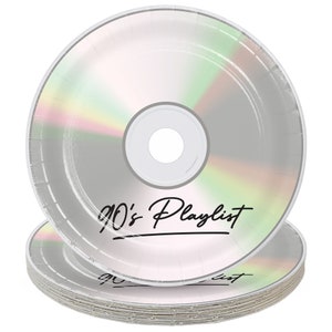 May include: A stack of 90's Playlist paper plates, featuring a silver CD design with a rainbow iridescent effect.