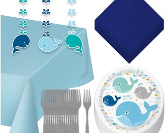 Lil' Blue Spout Whale Party Pack - Paper Dessert Plates, Beverage Napkins, Table Cover, Hanging Cutouts, and Forks  (Serves 16)