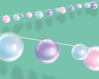 May include: A string of iridescent pastel-colored balloons, with a mix of pink, purple, and blue, strung together on a white string. The balloons are arranged in a staggered pattern, creating a festive and whimsical look.