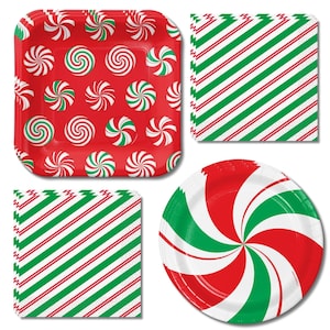 Peppermint Party Supplies, Christmas Dinner and Dessert Plates with Napkins, Candy Stripe Holiday Decor, Serves 16