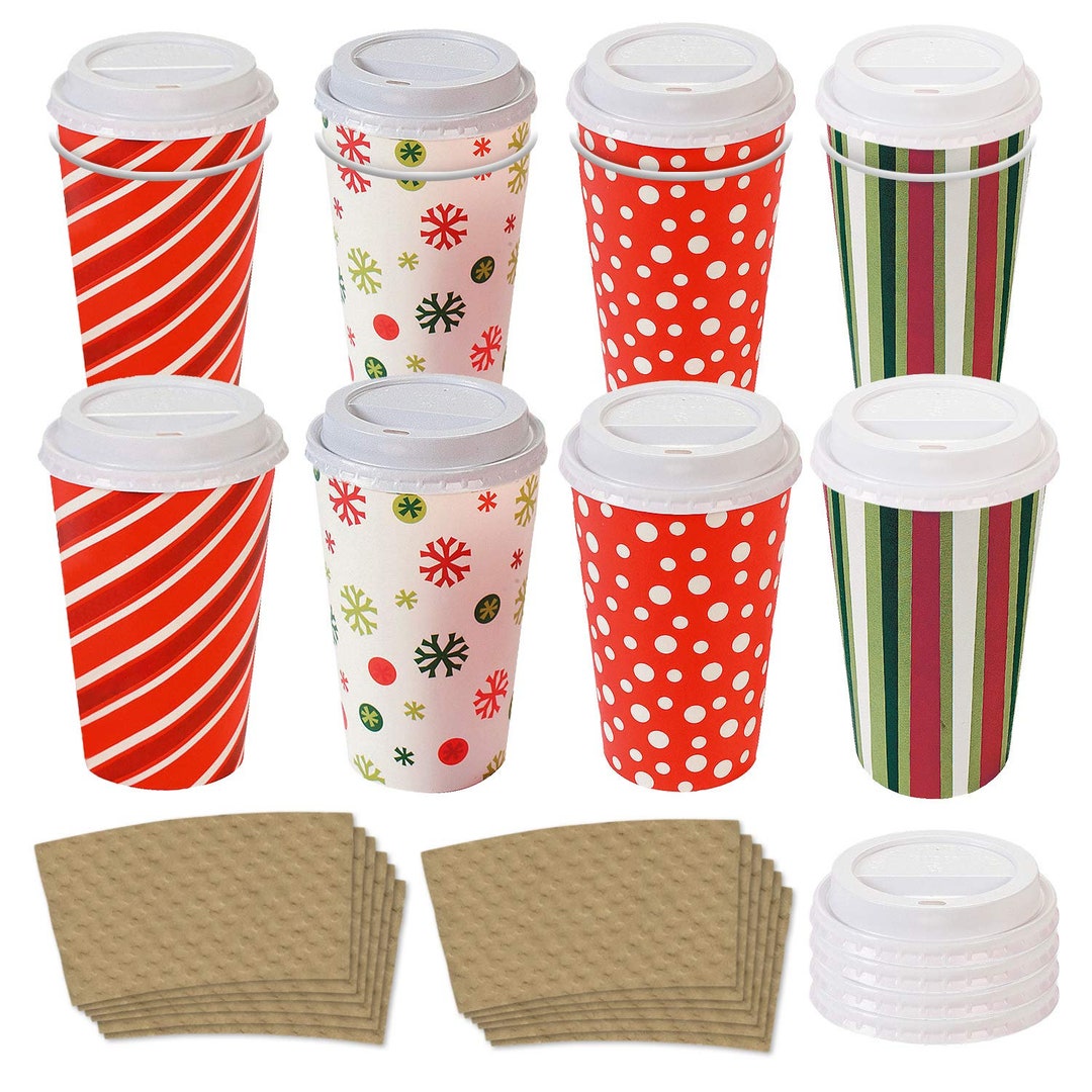 Disposable Coffee or Hot Chocolate Cups and Lids Holiday Design 12ct