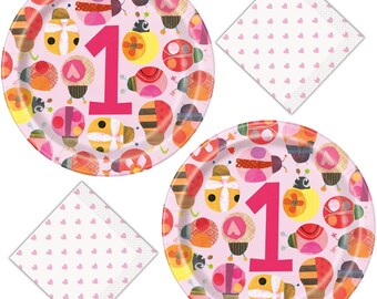 Pink Ladybug 1st Birthday Party Plates and Napkins (Serves 16)