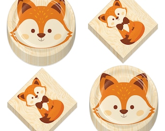 Fox Party Supplies - Woodland Animal Fox Face Paper Dessert Plates and Luncheon Napkins (Serves 16)