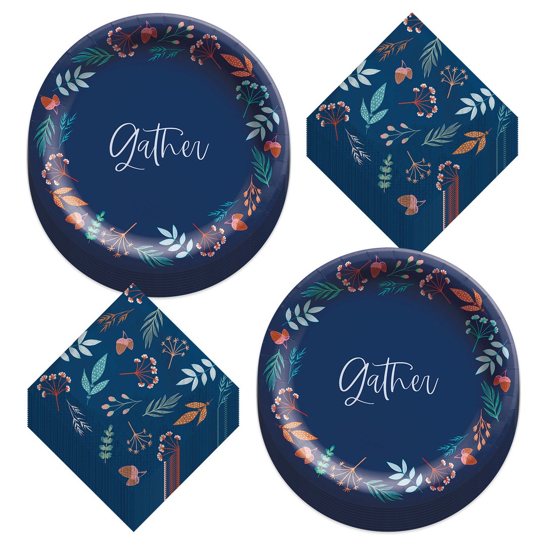 Fall Party Supplies Navy Blue and Autumn Leaves Gather Paper Etsy