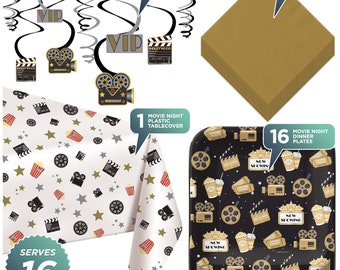 Movie Night Party Supplies - Lights, Camera, Square Paper Dinner Plates, Lunch Napkins, Table Cover, and Hanging Cutouts Set (Serves 16)