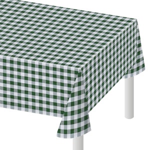 May include: Green and white checkered plastic tablecloth. The tablecloth is draped over a table with a white leg.