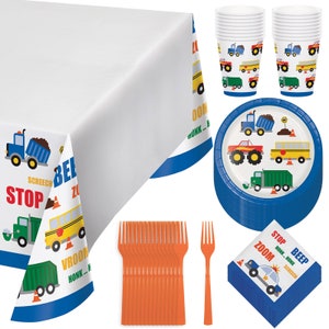 Traffic Jam Paper Dessert Plates, Beverage Napkins, Cups, Forks, and Table Cover For Transportation Cars and Trucks Theme Party (Serves 16)