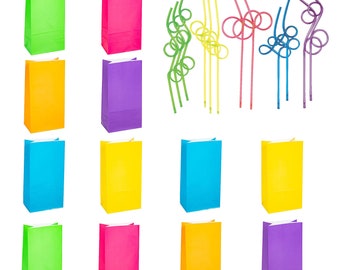 80's and 90's Party Supplies - Neon Treat Bags with Fun Loop Straws for 12 Guests