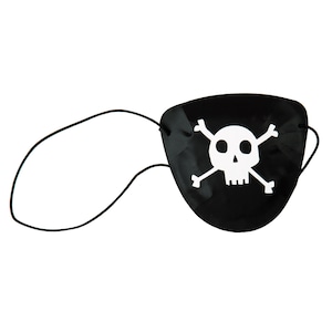 May include: Black eye patch with a white skull and crossbones design. The pirate-themed accessory has a black string for securing around the head. Perfect for Halloween costumes or pirate-themed parties.