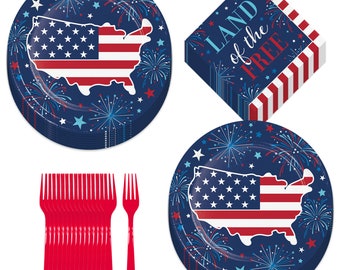 Patriotic Party Freedom Fireworks 4th of July Red, White, & Blue Paper Dinner Plates, Lunch Napkins, and Forks (Serves 16)