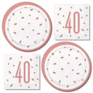 May include: A set of round paper plates and square paper napkins featuring a white background with scattered pink and gold confetti dots. The napkins display the number 40 in a large pink font, and the plates have a solid pink rim.