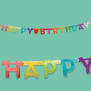 May include: A colorful happy birthday banner with iridescent letters. The banner is made of foil and has a rainbow color scheme.