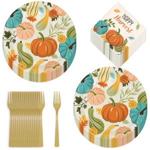 Fall Party Supplies - Vintage Pumpkin Round Paper Dessert Plates, Beverage Napkins, and Forks (Serves 16)