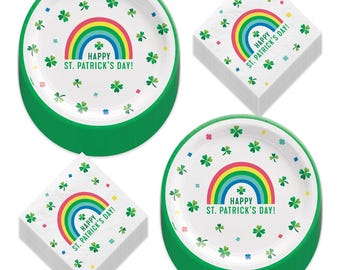 May include: St. Patrick's Day party supplies, including green-rimmed paper plates and square napkins. The plates and napkins feature a rainbow design with the text "Happy St. Patrick's Day!" and shamrock accents.