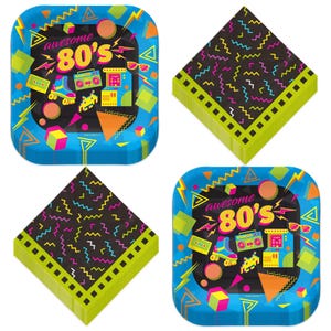 80s Party Supplies - Totally Awesome Throwback Theme 1980&#39;s Icons Square Paper Dessert Plates and Napkins (16 Plates & Napkins)