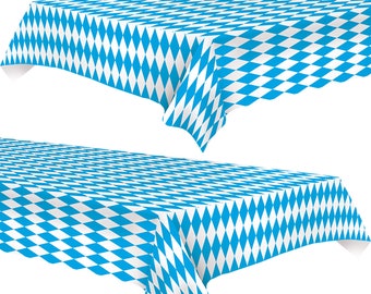 May include: Two blue and white checkered tablecloths with a diamond pattern. The tablecloths are made of plastic and are perfect for parties or picnics.
