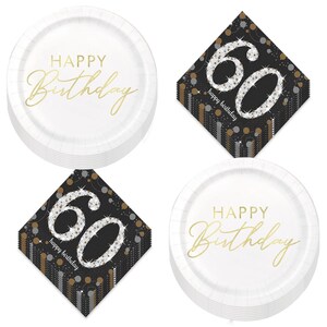 May include: White paper plates and black and gold napkins with "Happy Birthday" and "60" text. The plates have a gold script font. The napkins have a diamond pattern with gold and silver accents.