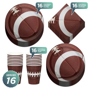 May include: Football party supplies set with 16 brown and white football-themed dessert plates, 16 beverage napkins, 16 beverage cups, and a brown and white football design. Serves 16.