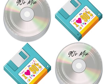 90's Party Supplies - 90's Mix CD Paper Dessert Plates and Floppy Disk Beverage Napkins (Serves 16)