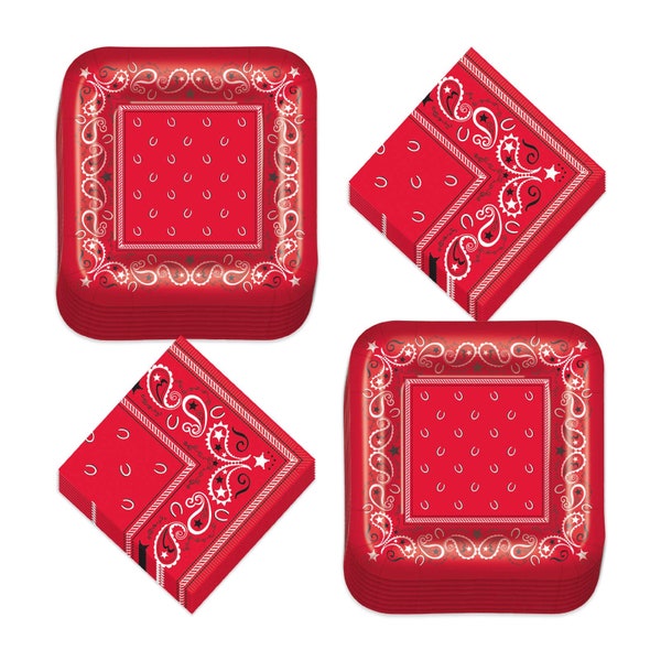 Western Party Supplies - Red Bandana Paper Dessert Plates and Beverage Napkins (Serves 16)