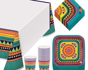 Teal Fiesta Party Pack - Paper Dessert Plates, Napkins, Cups, and Table Cover (Serves 16)