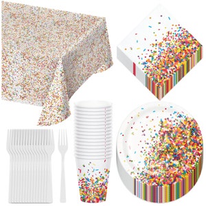 Confetti Candy Sprinkles Dessert Party Pack - Paper Plates, Napkins, Cups, Forks, and Plastic Table Cover Set (Serves 16)