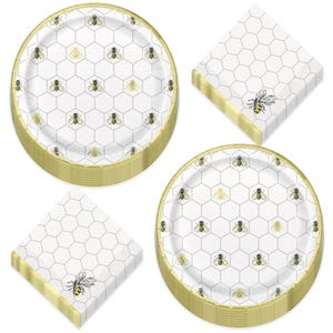 Bee Party Deluxe Metallic Honeycomb Paper Dinner Plates, Lunch Napkins, and Forks (Serves 16)