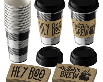 Disposable Coffee or Hot Chocolate Cups - Black and White Buffalo Plaid Pattern With Lids & Kraft Cup Sleeves in Halloween Designs Serves 12