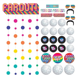 May include: A set of colorful party decorations with a groovy 70s theme. The set includes a banner that says "Far Out!" and several other decorations with phrases like "Groovy Groovy" and "Can You Dig It?" The decorations are perfect for a 70s themed party.