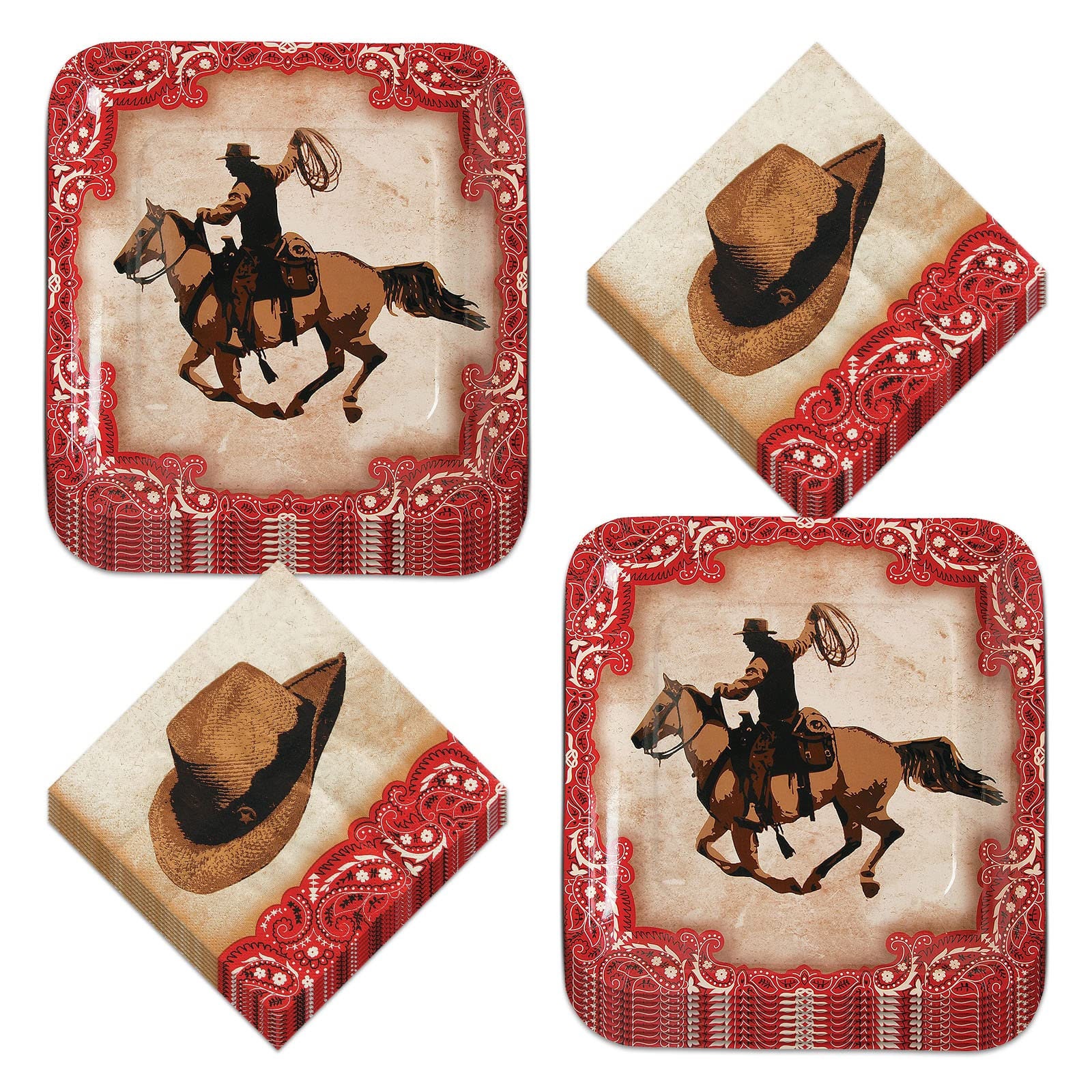 Western Party Supplies - Horse and Wild Western Rider Paper Dinner Plates and Cowboy Hat Luncheon Napkins (Serves 16)