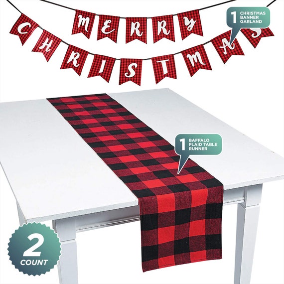 Buffalo Plaid Merry Friendsmas Banner & Decorations Kit - Christmas Party Decor With Swirls