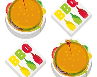 BBQ Burger Party Plates and Napkins, Cookout Tableware (16 Sets)