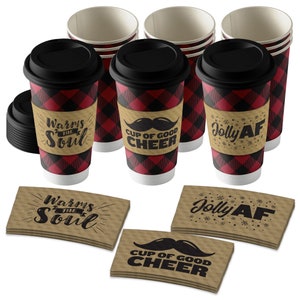Disposable Hot Coffee Cups - Red & Black Buffalo Plaid, 12-ct with Lids and Holiday Kraft Sleeves Design 1