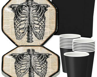 Vintage Halloween Party Creepy Skeleton Paper Dessert Plates, Napkins, Cups, Table Cover, and Skull Hanging Decoration (Serves 16)