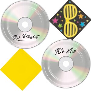 90's Party Supplies - 90's CD Mix Round Paper Dinner and Dessert Plates With Assorted Neon Glow Beverage Napkins (32 Plates & Napkins)
