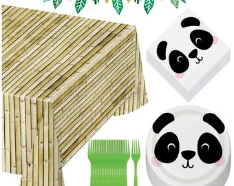 Panda Jungle Party Pack - Paper Dinner Plates, Napkins, Forks, Bamboo Patterned Table Cover, and Hanging Leaf Garland (Serves 16)