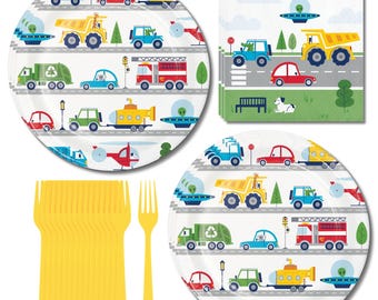 Transportation Time Busy Town Paper Dinner Plates, Napkins, and Forks (16 Plates, Napkins, & Forks)