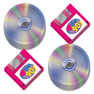 90's Party Supplies - Floppy Disk Napkins and CD Paper Plates (Serves 16)