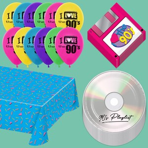 90's Party Supplies - Party Pack of Floppy Disk Napkins, CD Paper Plates, 90's Tablecover, and Balloons (Serves 16) …