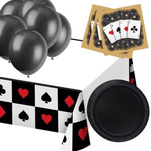 May include: A party scene with black balloons, playing card-themed napkins, a black plate, and a black and white checkered tablecloth with red hearts and spades. The items are arranged for a casino-themed party.