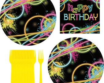 Neon Glow Birthday Party Supplies, Swirl Plates, Napkins, Yellow Forks, Laser Tag Decor