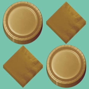 Solid Gold Colored Paper Dessert Plate and Beveage Napkins, Gold Party Supplies and Table Decorations (Serves 16)