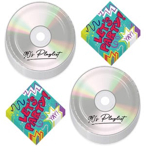 90&#39;s Party Supplies - 90&#39;s Mix CD Paper Dinner Plates and Let&#39;s Party Napkins (Serves 16)