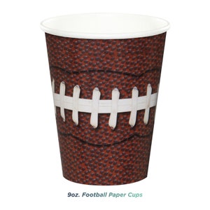 May include: 9 oz. Football Paper Cups. Brown paper cups with a football design. The cups have a white rim and a white football lace design.