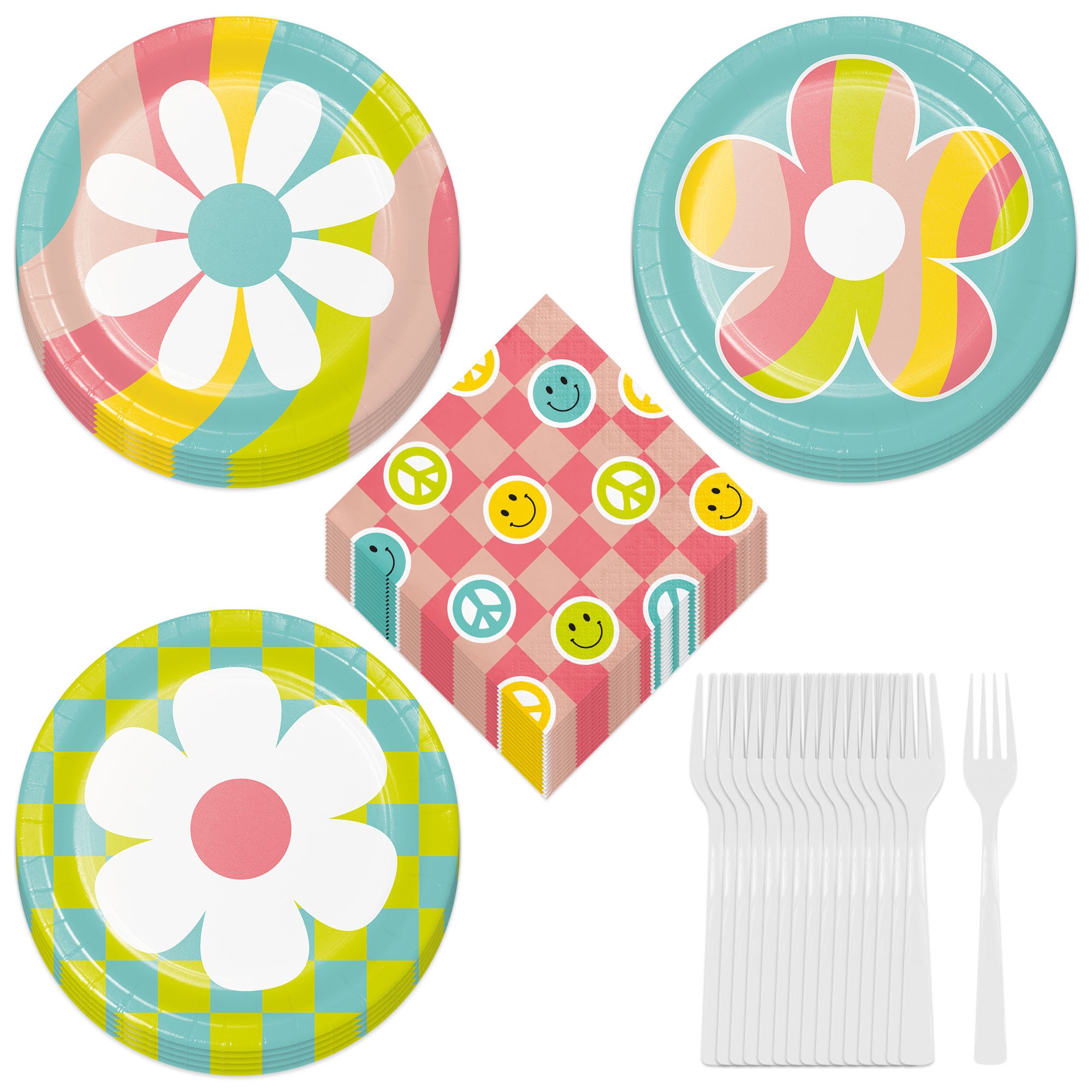 Groovy Happy Vibes Flower Power Assorted Paper Dessert Plates Beverage Napkins and Forks Serves 16