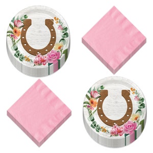 Horse Party Wood and Floral Party Horseshoe Paper Dessert Plates and Pink Beverage Napkins (Serves 16)