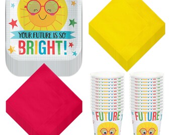 Bright Future Classroom Party Supplies - Student Celebration & Teacher Appreciation Dessert Plates, Beverage Napkins, and Cups (Serves 24)