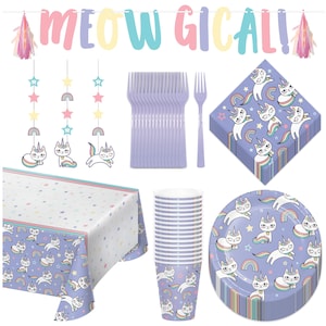 Sassy Caticorn Dessert Party Pack - Paper Plates, Napkins, Cups, Forks, Table Cover, Hanging Cutouts, and Tassel Garland Set (Serves 16)