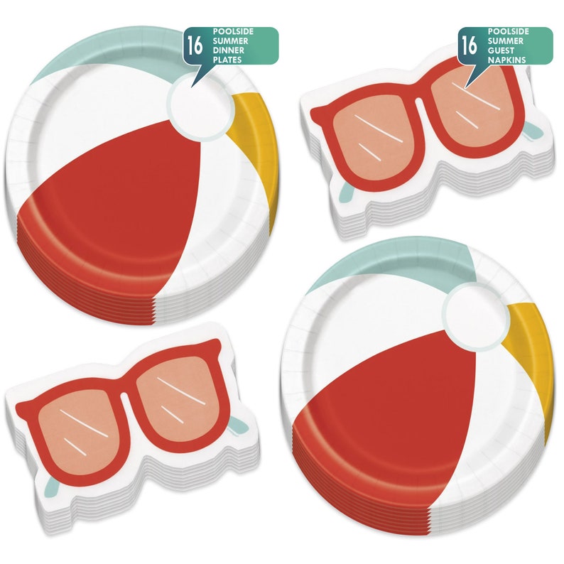 Puede incluir: Suministros para fiestas de verano junto a la piscina. La imagen muestra pilas de platos de papel dise&ntilde;ados como pelotas de playa y servilletas con forma de gafas de sol. Los platos y las servilletas son rojos, blancos, amarillos y azules. El texto de la imagen dice "Poolside Summer Dinner Plates" y "Poolside Summer Guest Napkins".